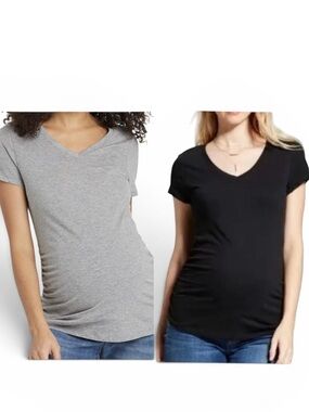 Isabel Maternity V-Neck Maternity Tee Bundle (2-Pack) – Black & Gray Sz S
